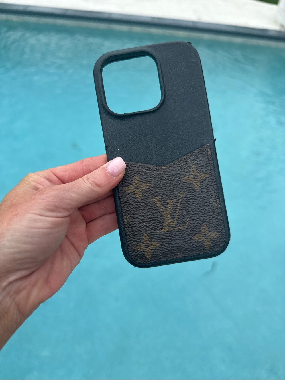 Louis Vuitton Black Leather Phone Case with Brown Monogram Card Pocket